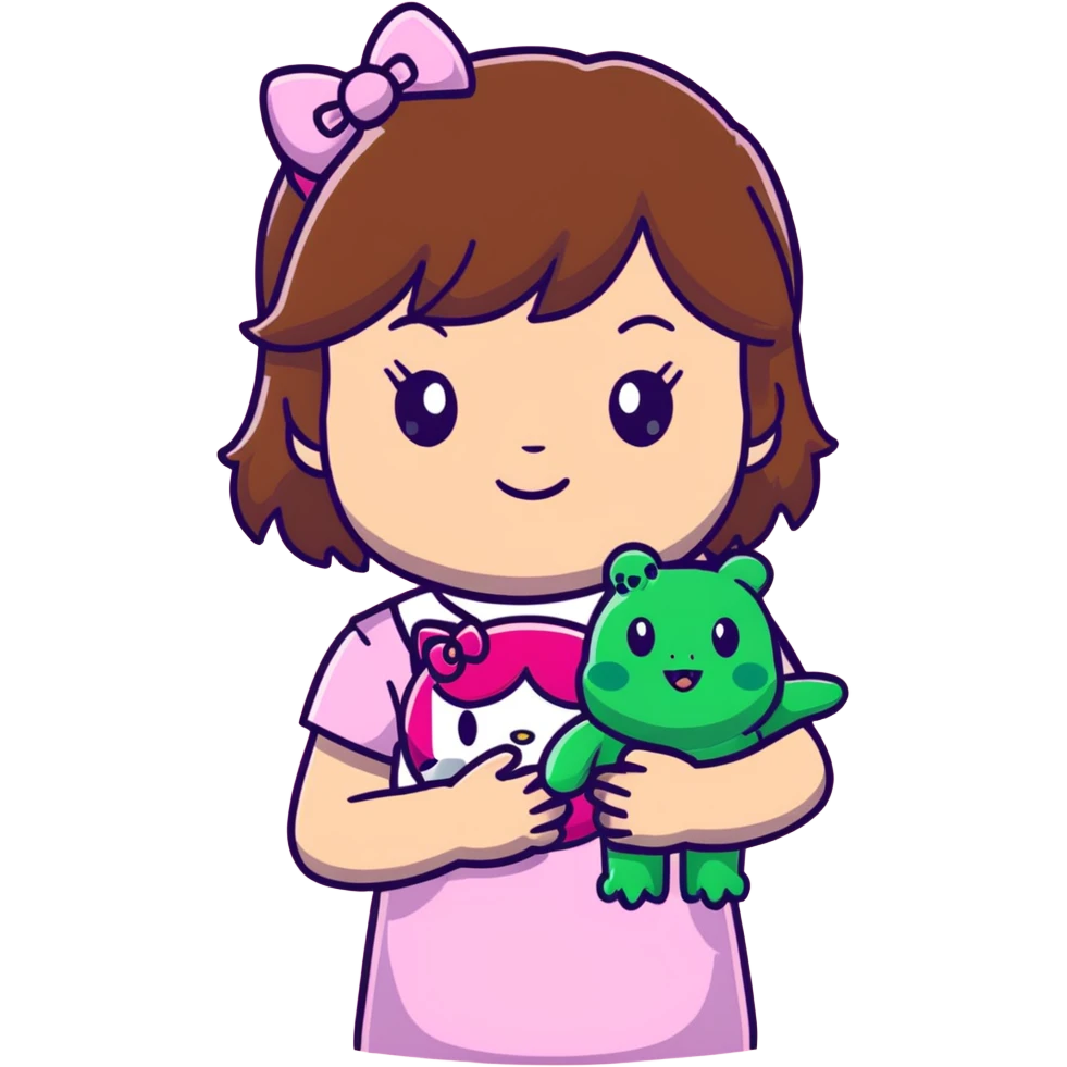 Cute cool girl with brown hair and bangs, and Brown eyes, wearing pink hello kitty and holding a frog stuffy  emoji