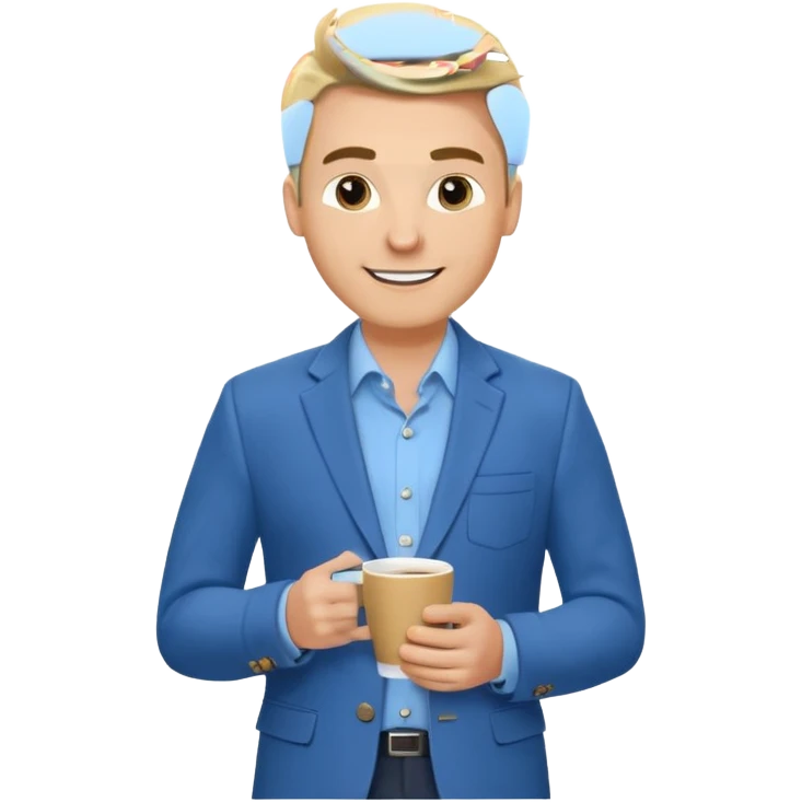 Confident and outgoing male entrepreneur, Caucasian features, blonde hair, big friendly smile, expressive eyes, defined eyebrows, wearing a blue blazer over a light blue shirt, holding a smartphone in one hand and a coffee cup in the other, waist-up, front-facing emoji