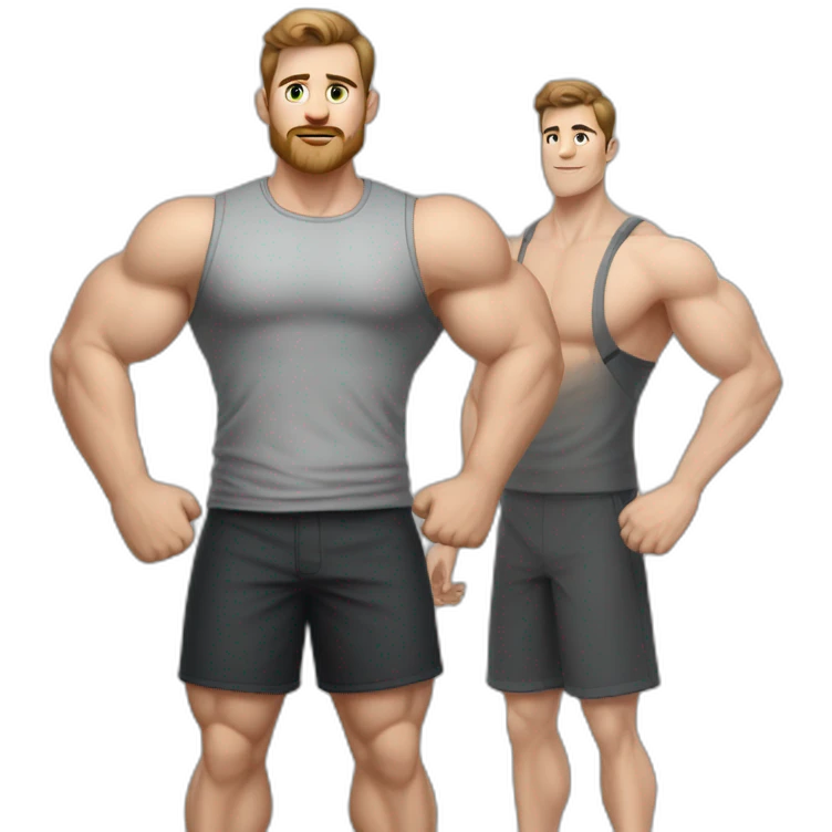 Full height realistic Actively gesturing with hands Pale skinned Fit Man With the biceps and brown hair in dark gray Sleeveless Mike, black oversize sports shorts, watch and white Sneakers emoji