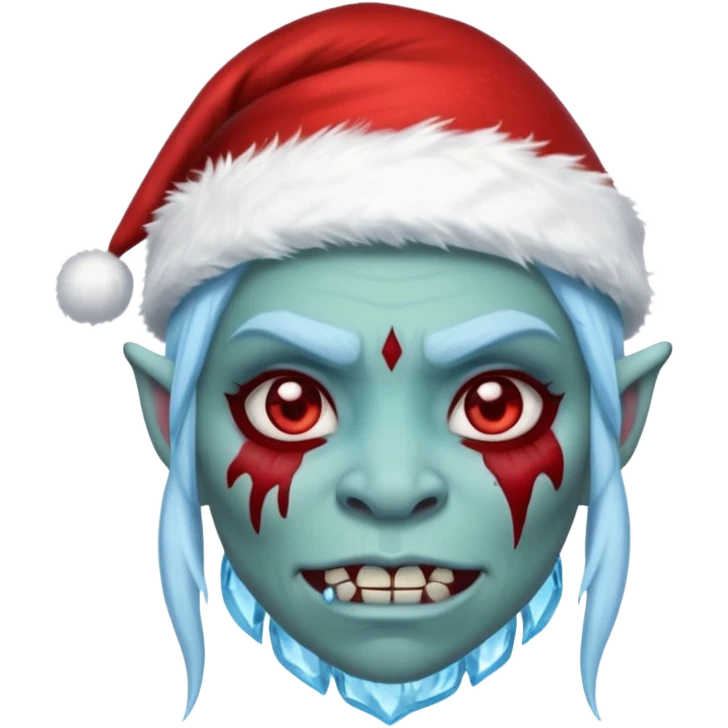 Fantasy orc portrait emoji, Santa Claus hat with icy texture, frozen scar glowing deep red against icy blue skin tones, primal winter survival theme, restrained detail, clean readable emoji style, female variant
 emoji