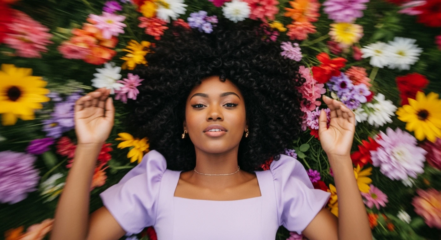 Camera drom top, Motion blur Extreme Closeup photo of a beautifull woman lay around beautifull colorfull flowers, cinematic light, 60/30/10 color rule, 8K, very detailed, sharp, depth (foreground, midground, background) inspired by La La Land emoji