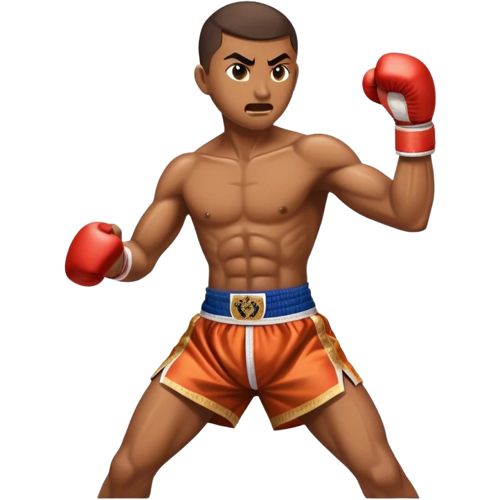 Cinematic Realistic Traditional Muay Thai Emoji, depicted as an intense dynamic martial arts scene featuring a fighter in traditional Muay Thai stance and attire, rendered with rich textures and energetic dramatic lighting that captures the sport's raw power. emoji