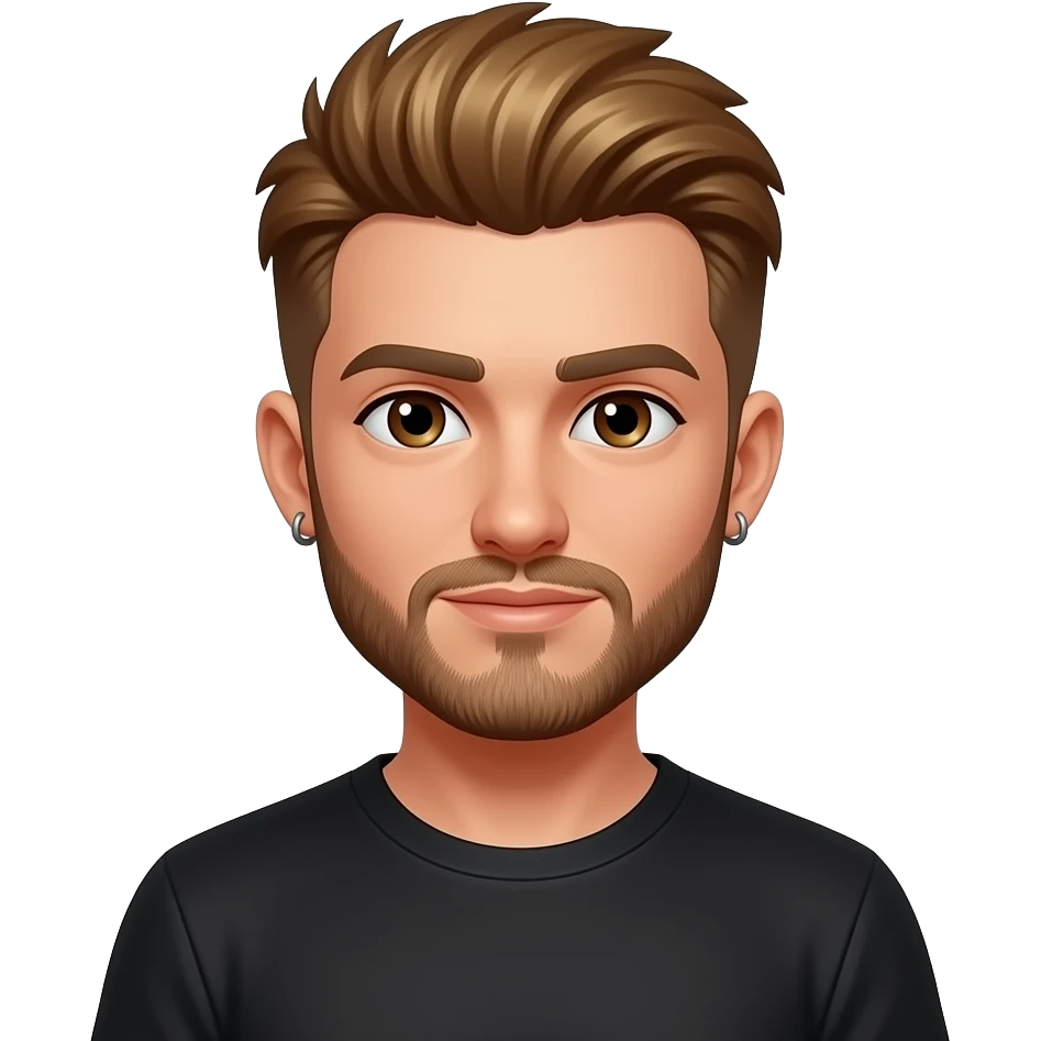 8-BitRyan with brown eyes, golden brown faux hawk hair and short beard, black metallic t-shirt, earrings emoji