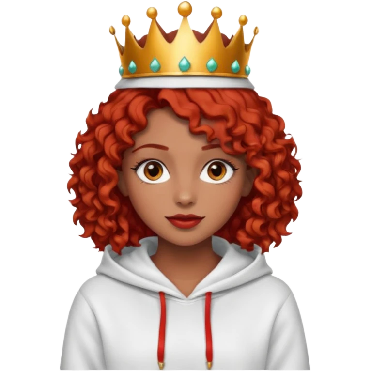 Slim girl with a fine face, dark chocolate-colored and tanned skin, medium-length curly tomato-red hair, dark eyes, medium-thick eyelashes, and a crown and hoop earrings wearing a white hooded sweatshirt.
 emoji