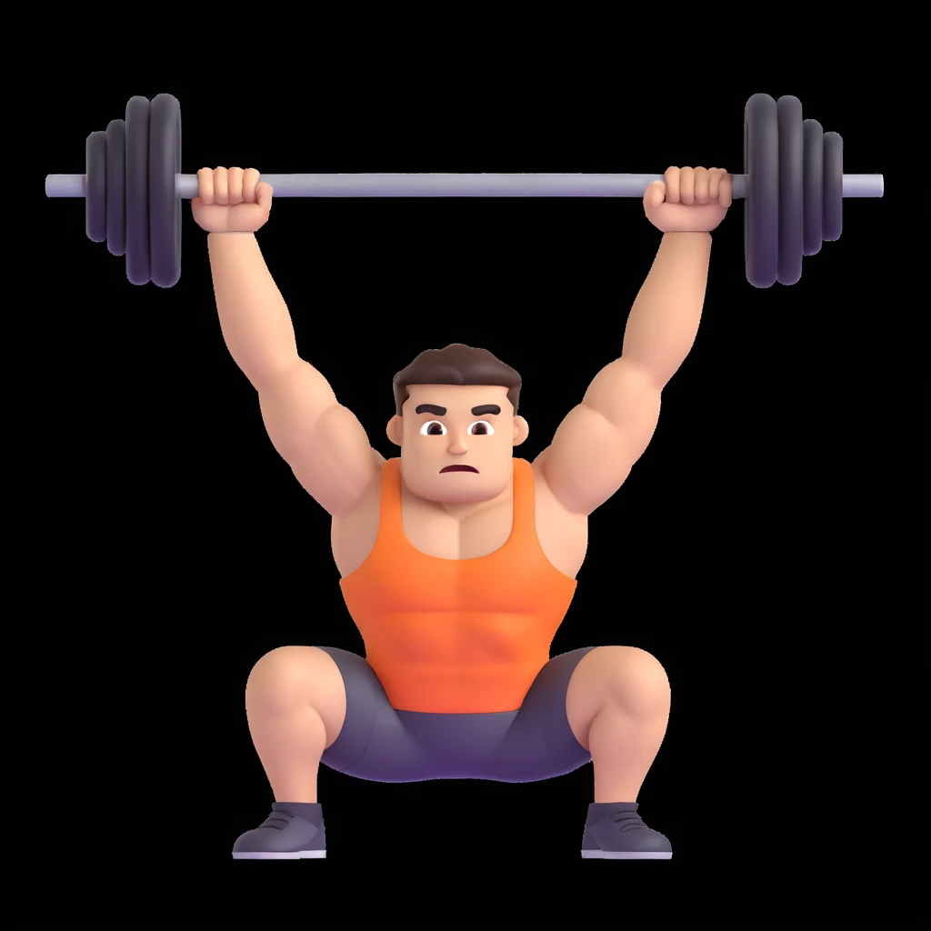A muscular cartoon character lifting weights, modern and dimensional emoji