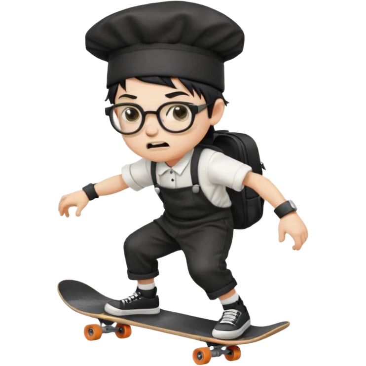 ["An angry boy  wearing a chef hat and square glasses, dressed in goth fashion, is skateboarding while holding a backpack."] emoji