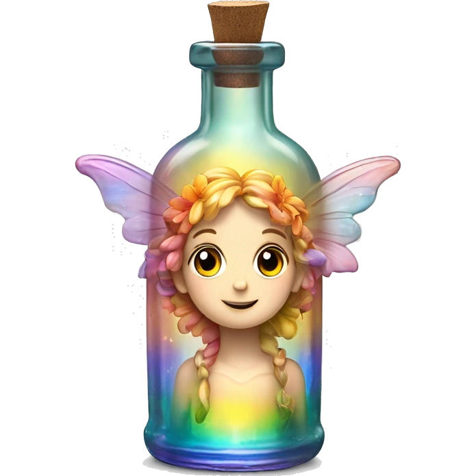 Antique oil bottle made of crystal glass of all gentle colors of the light rainbow, a living flower fairy sits at the bottom of the bottle emoji