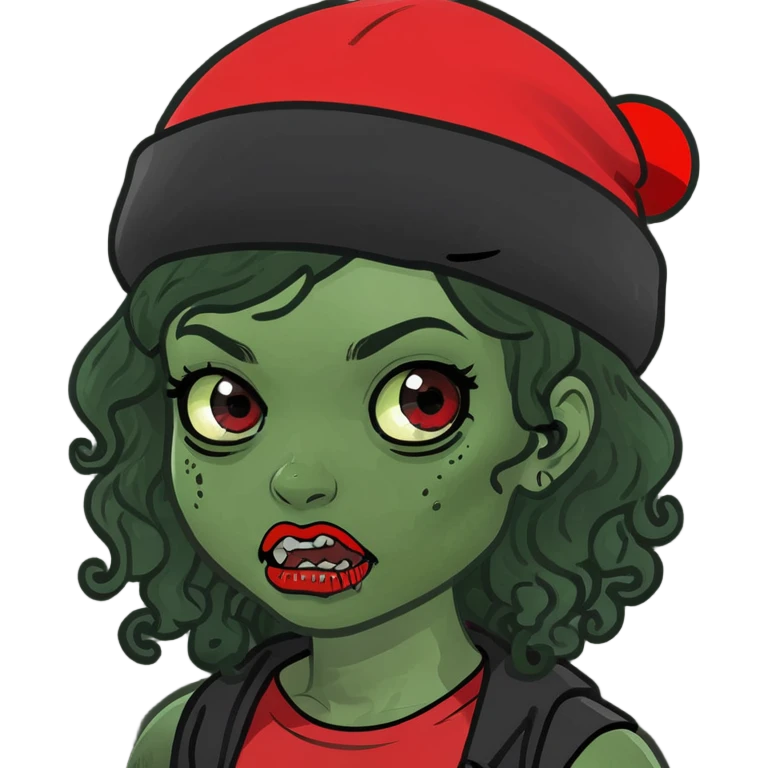 zombie girl with curly black hair and red streaks, memoji style, mysterious atmosphere emoji