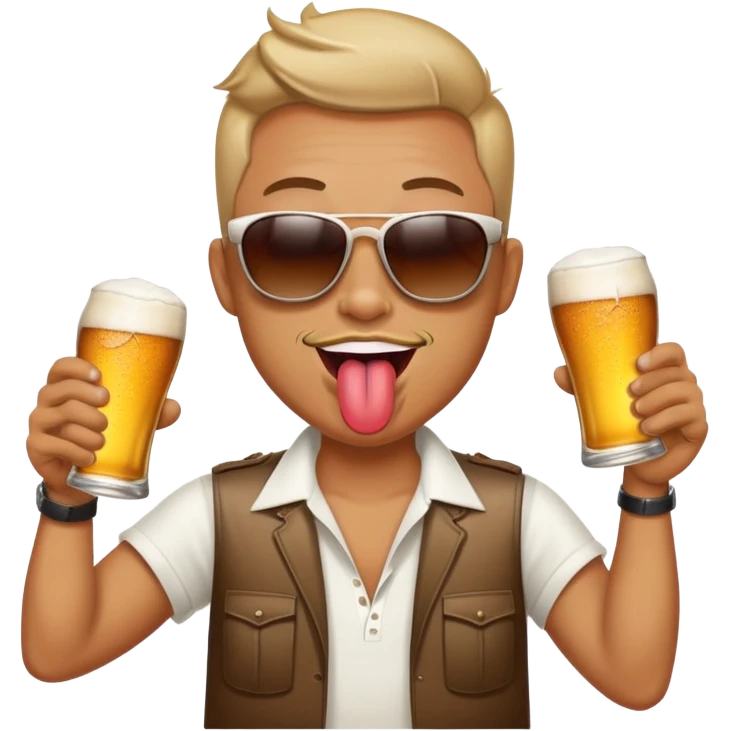 Drinking two beers at the same time, one in each hand, sunglasses on, tongue out of an open mouth emoji