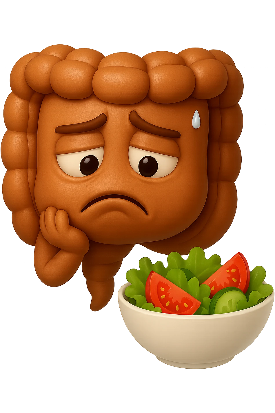 EMOJI STILE IPHONE DI UN INTESTINO UMANO ANATOMICO CHE GUARDA UN INSALATA CON ESPRESSIONE TRISTE E RASSEGNATA IN VOLTO: SOFFRE LA FAME PERCHé è A DIETA, FAGLI ANCHE LA PARTE BIANCA DEGLI OCCHI, NON SOLO LE PUPILLE, IPERREALISTICO 4K emoji