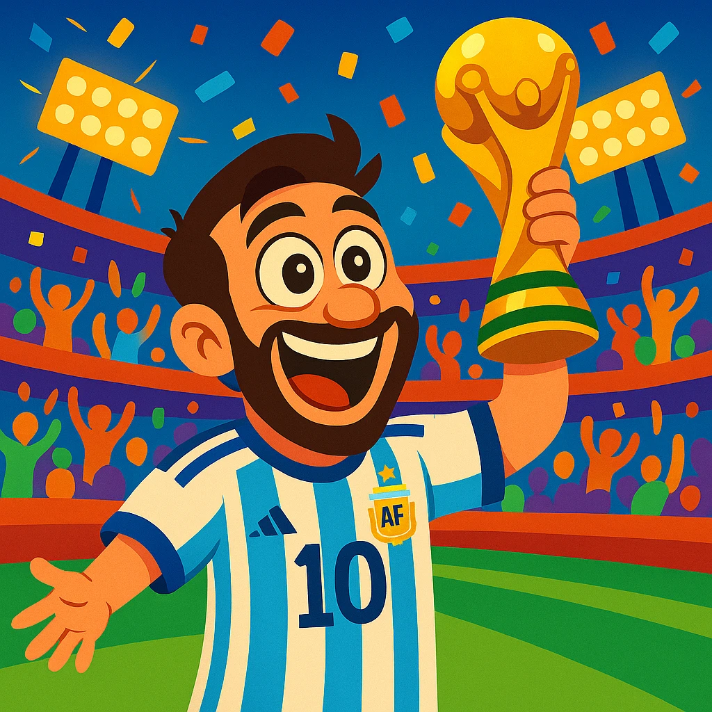 Make Messi look even more cartoonish and exaggerated, with larger eyes and expressive features, holding the World Cup trophy, vibrant colors, football stadium background. emoji
