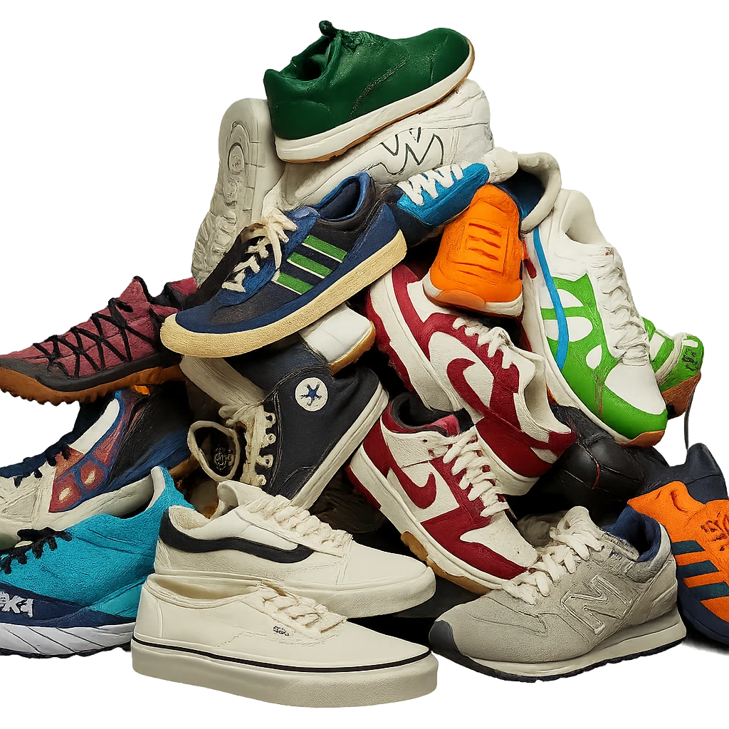 Transform this pile of mixed sneakers into a photorealistic product photography style with clean, high-resolution details, true-to-life textures and lighting. The look should match the reference Nike Air Force 1 sneaker product photo. The background should be transparent. emoji