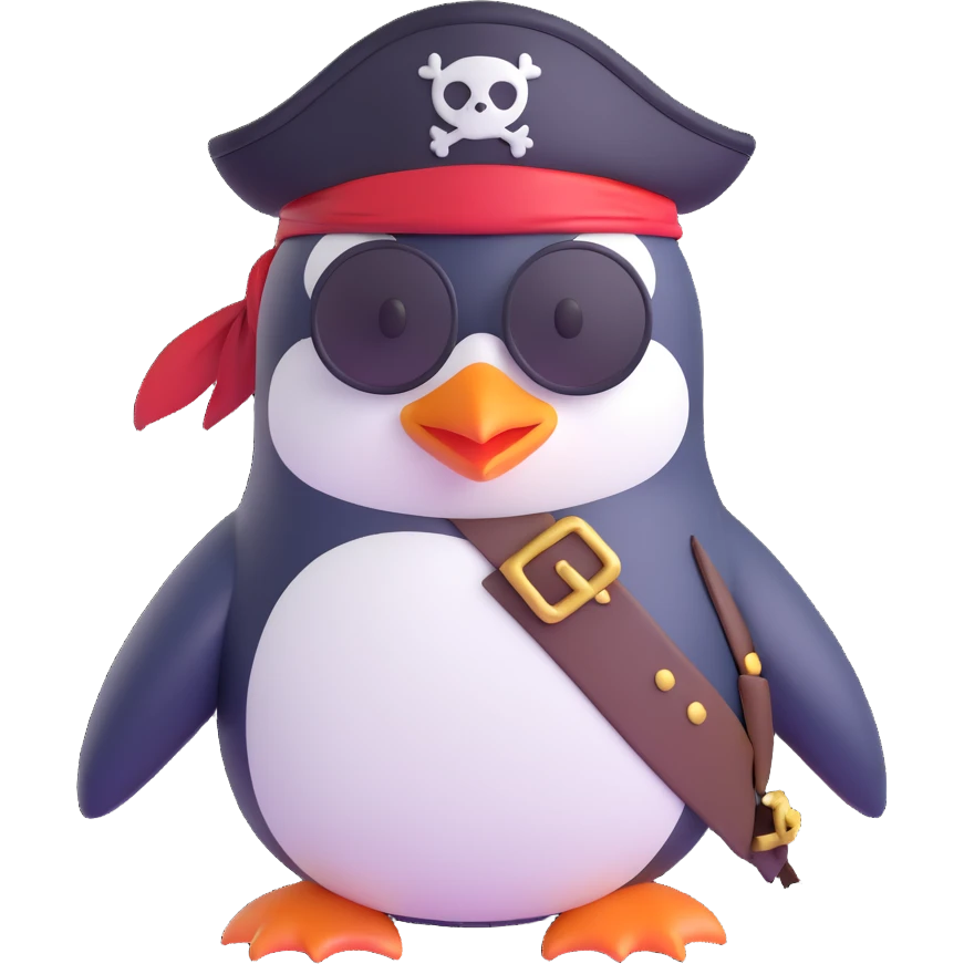a penguin dressed as a pirate, with an eyepatch and pirate hat emoji