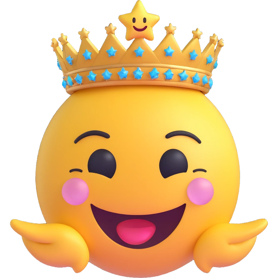 3D smiley emoji, large eyelashes, girly, star tiara, laughing emoji