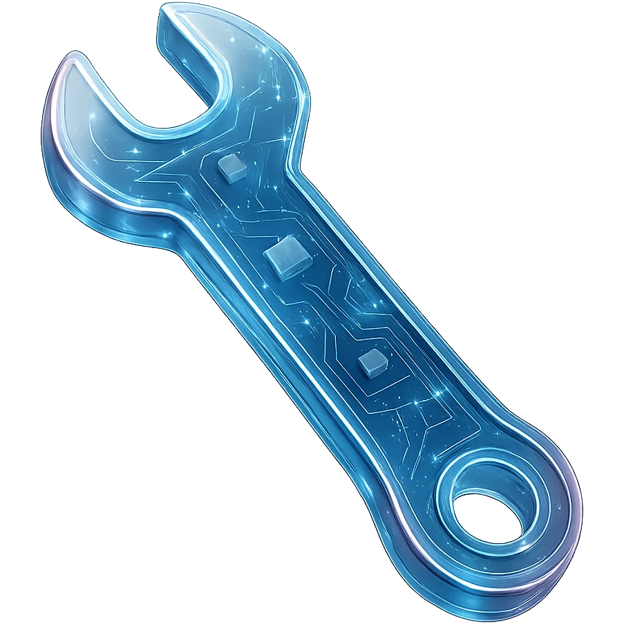 Create a wrench icon in a cyberpunk, holographic style with glowing neon blue and pink edges, circuit patterns throughout the wrench. The wrench should be clean, metallic, and futuristic, matching the style of the previous cyberpunk icons. Use a transparent background suitable for a 'Programs and Features' icon. emoji