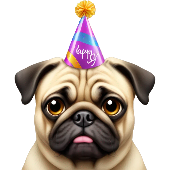 fat pug dog with birthday hat emoji