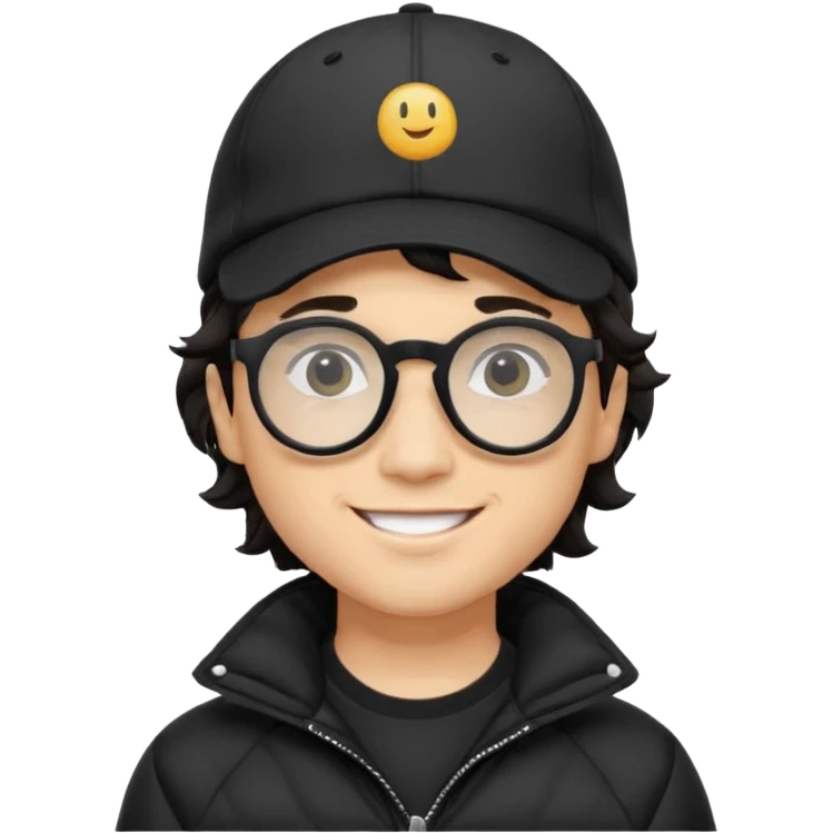 Young man wearing a black puffer jacket, black baseball cap, round black glasses, wavy hair peeking out from under the cap, smiling
 emoji