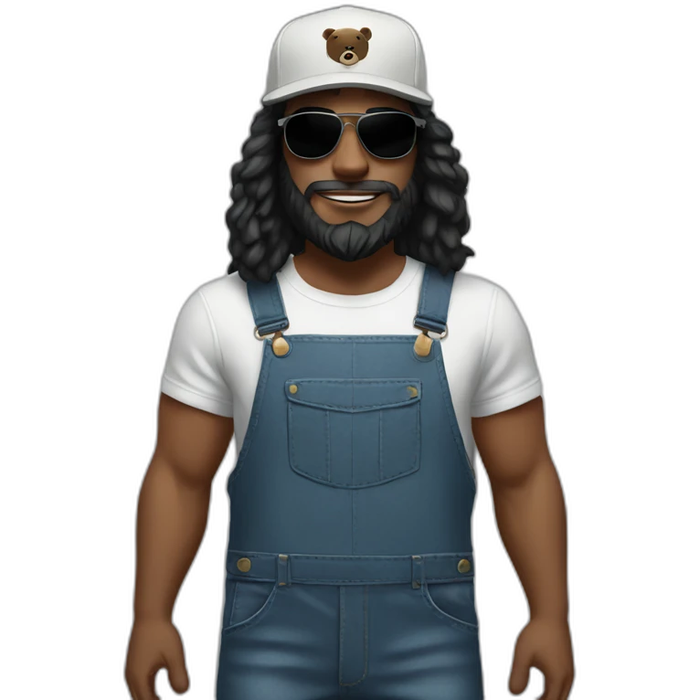 White man with a black bear, long hair, a cap, dungarees and cool sunglasses emoji