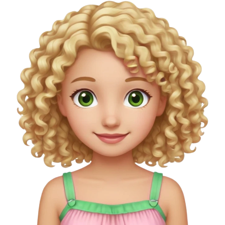 smiling girl with blonde curly hair and brown/Green eyes in a pink summer dress emoji