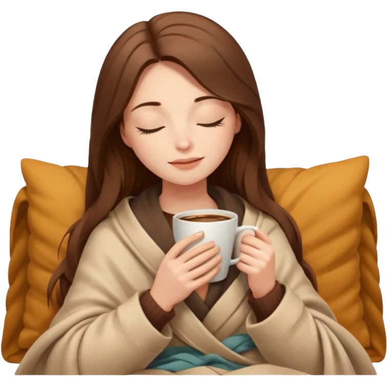long brown hair woman closed eyes covered with cozy beige blanket, holding cup of coffee, autumn mood emoji