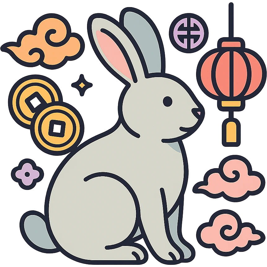 rabbit, symbol of the year in feng shui, Chinese style, thin clean outlines, soft rounded shapes, pastel palette #98B5BC, #B5B3C1, #C9A3C9, #E4C0CA, #F7DCD1, #F7C0AA, modern Japanese pop art and sticker aesthetics, detailed shadows and highlights, soft lighting, transparent background, with Chinese decor (coins, lanterns, clouds, patterns) emoji