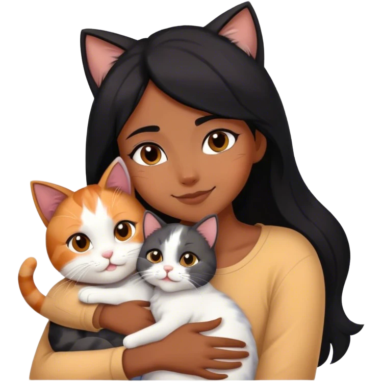 happy black haired girl hugging three cats  (carey cat, gray cat, white brown cat) emoji