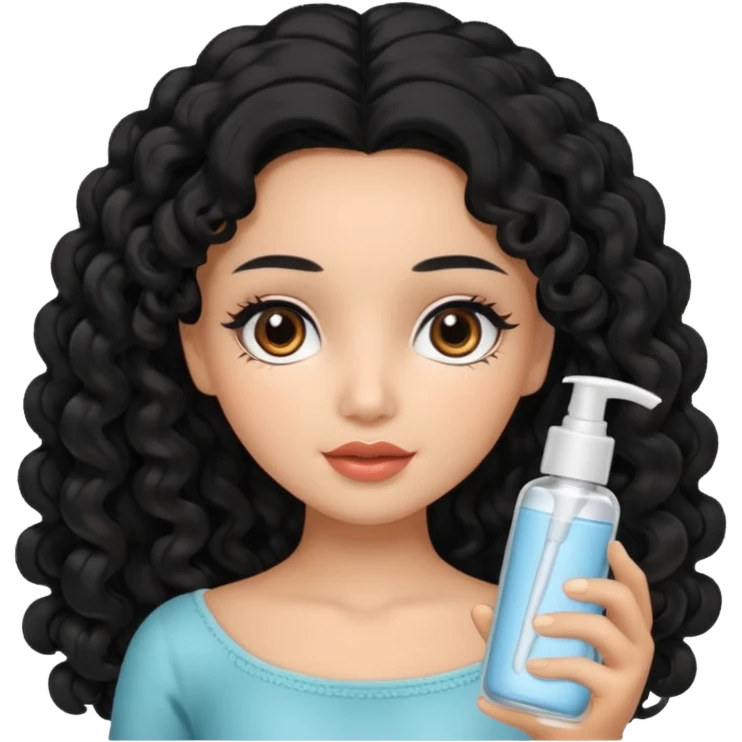 Uma boneca morena com olhos castanhos e cabelo cacheado longo preto, fazendo skin care emoji