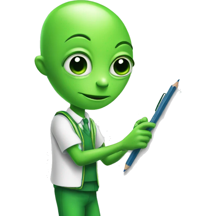 a green alien in school uniform writing on a whiteboard emoji