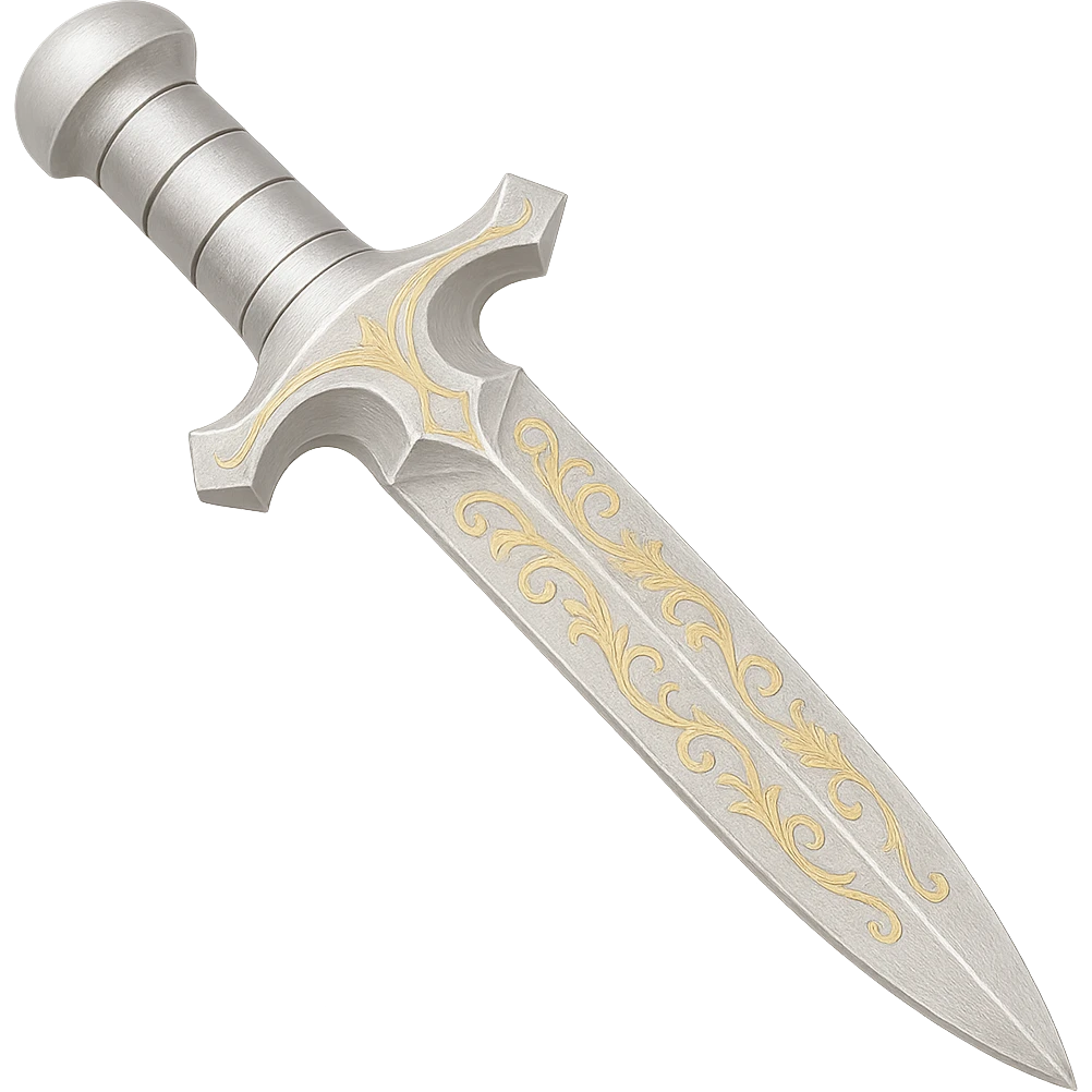 Recolor this weapon to a very light metallic silver color with subtle, elegant gold engravings, matching the gold tone and style of the provided silver shield reference. The gold should be soft and not too yellow or green. Transparent background. emoji
