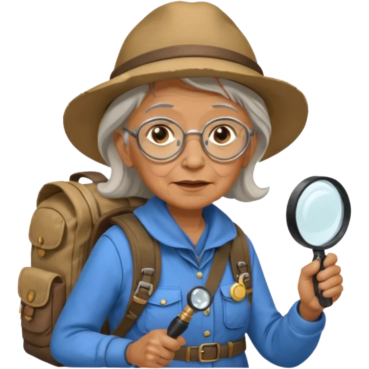 Explorer old woman with magnifying glass and backpack, portrait emoji