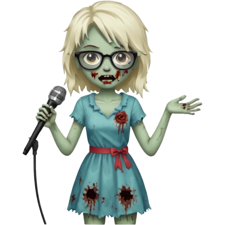 singer, Zombie girl, super happy, wearing dress, holding mic, glasses emoji