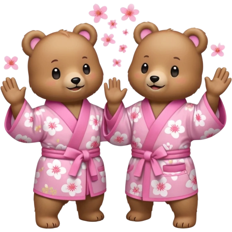 Two cute light-brown bears wearing pastel pink sakura-patterned kimonos, normal balanced body ratio.  
Facing each other and giving a joyful high-five with happy smiling faces and small spark effects.  
Kawaii emoji style, minimalistic clean sticker illustration, white background. emoji