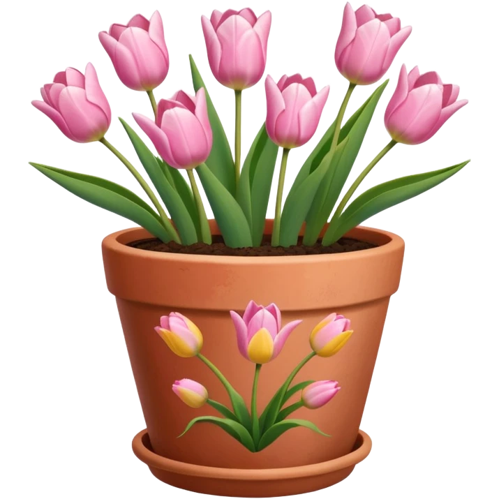 pink tulips in a plant pot in terra cota with white and pink flowers hand painted on the pot  emoji