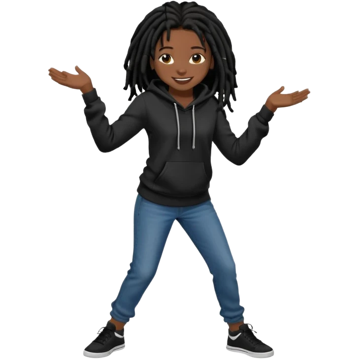 African American girl dark skin with shoulder length black deadlocks wearing I plain black hoodie wearing skinny jeans dancing in street emoji