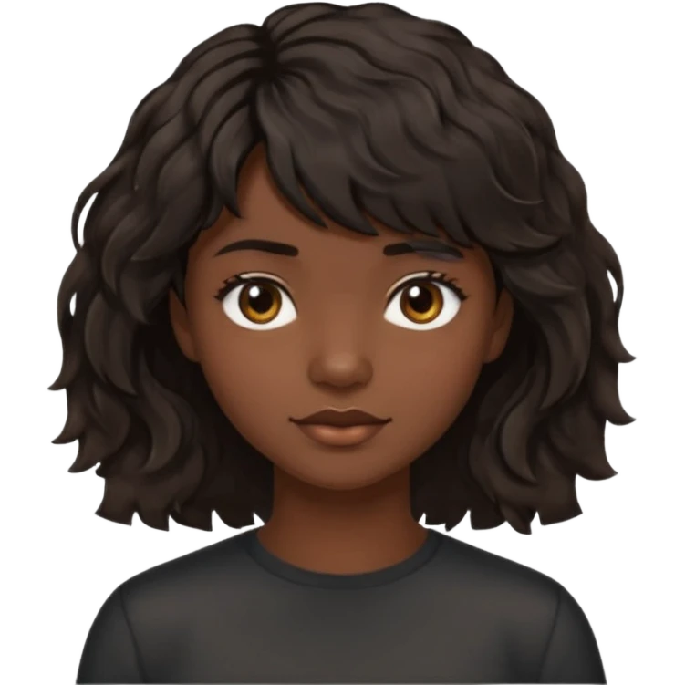 À emoji that don’t smile Dark brown thick hair, medium-length textured top with loose natural waves, short tapered sides, soft messy fringe, natural volume emoji