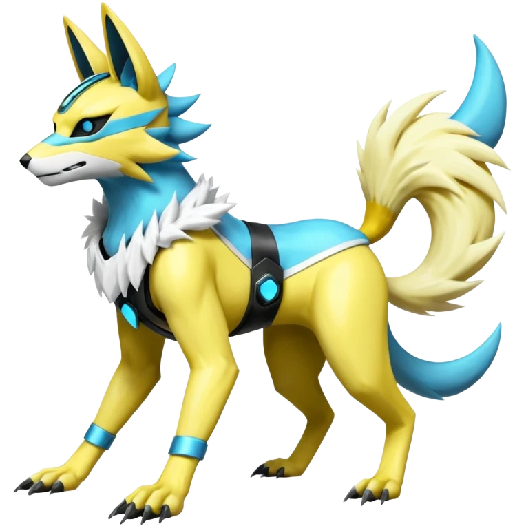 Shiny cyan yellow white electric complex futuristic white-cyber-masked Zeraora-Renamon-Electrike-Umbreon-Lombax-Weregarurumon-fusion-creature (full body emoji