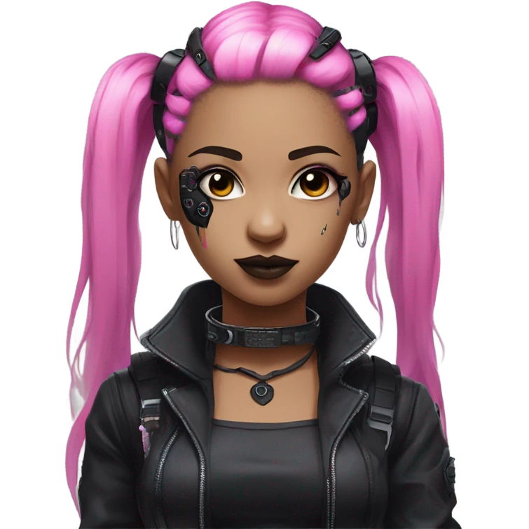 cyberpunk girl, pink twintails, black collar, black crop top, cyborg, goth makeup emoji