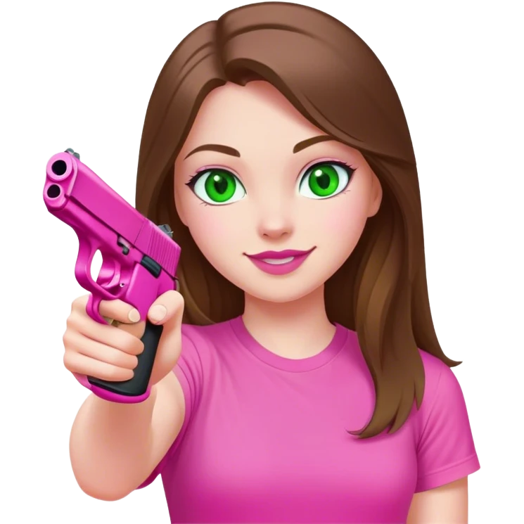 mid sized white skinned girl with green eyes and long brown hair aiming a pink pistol smiling in a pink t-shirt with pink lips emoji
