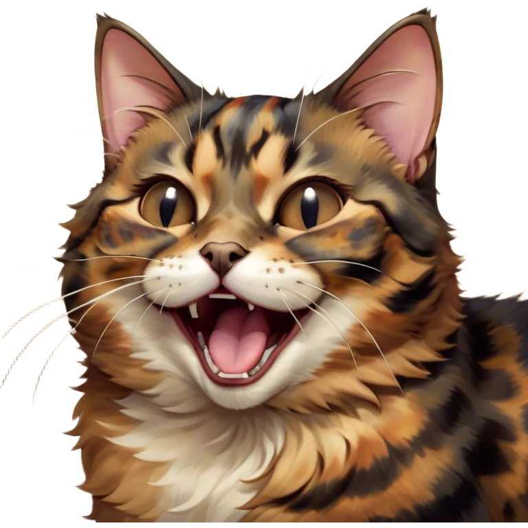 Cinematic Cute Yawning Tortoiseshell Cat Portrait Emoji, Head slightly tilted with a wide, adorable yawn and half-closed, dreamy eyes, featuring a warm, mottled fur of rich browns and blacks, simplified yet irresistibly cute, highly detailed, glowing with a soft, slumbering radiance, high shine, exuding a relaxed, drowsy charm, styled with a gentle, soft glowing outline, capturing the essence of a tortoiseshell cat in a precious moment of sleepy delight! emoji