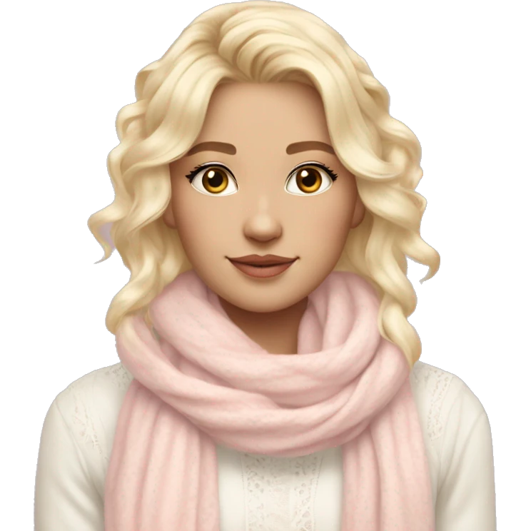 pretty blonde white woman with vanilla girl vibes, wearing a white lace shirt with a soft pastel pink winter scarf and her hair is decorated with soft pastel sweet vibes ribbon emoji