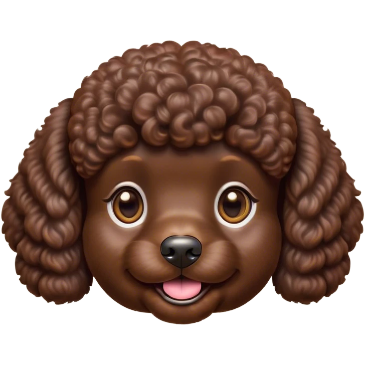 Cinematic Cute Chocolate Poodle Portrait Emoji, Head tilted playfully and inquisitively, showcasing a bouncy, curly chocolate Fur with a healthy sheen, round, sparkling brown eyes filled with curiosity, Simplified yet irresistibly adorable features, highly detailed, glowing with a warm, friendly glow, high shine, affectionate and lively, stylized with a touch of whimsy, bright and endearing, soft glowing outline, capturing the essence of a mischievous yet loving companion, so playful it feels like it could bounce out of the screen and into your arms! emoji
