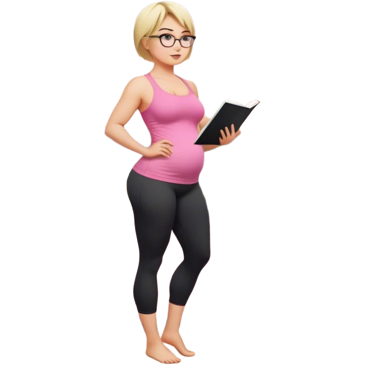 Full body view from the side, fair skinned woman, curvy, short blond hair, small reading glasses, cooking dinner in kitchen, pink loose tank top, showing natural B cup breast shape SFW, black yoga pants, large curvy booty emoji