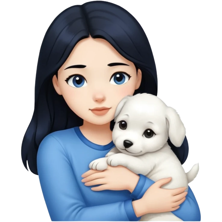 One black hair girl in velvet blue shirt hugging pure white puppy emoji
