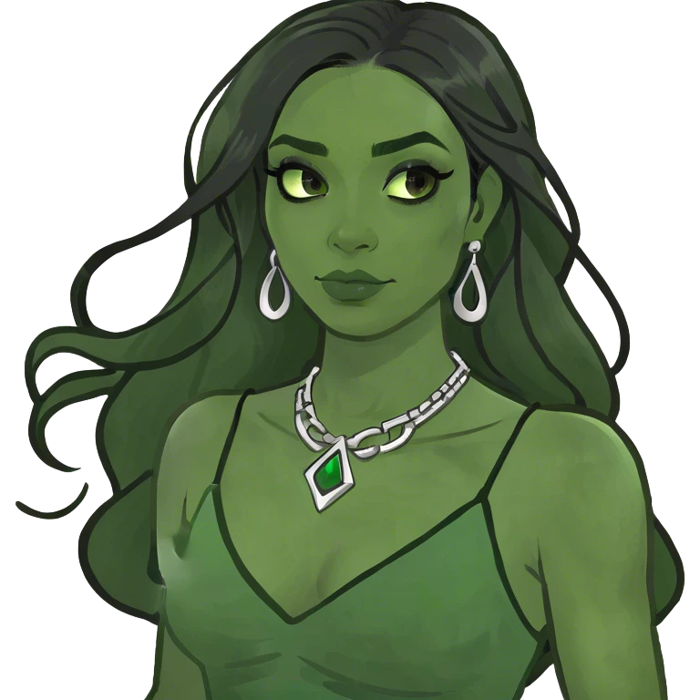 A woman with dark light skin tone and black long hair and green siren eyes emoji