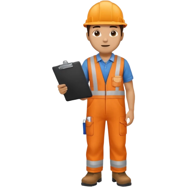 Male railway engineer orange overalls, boots holding a clipboard in one hand emoji
