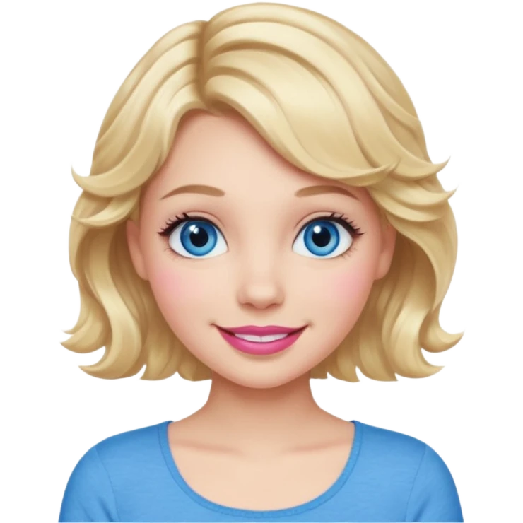 Girl Blonde short wavy hair,  blue eyes, cute blue top, long lashes, pink lips, 👄 big smile  emoji