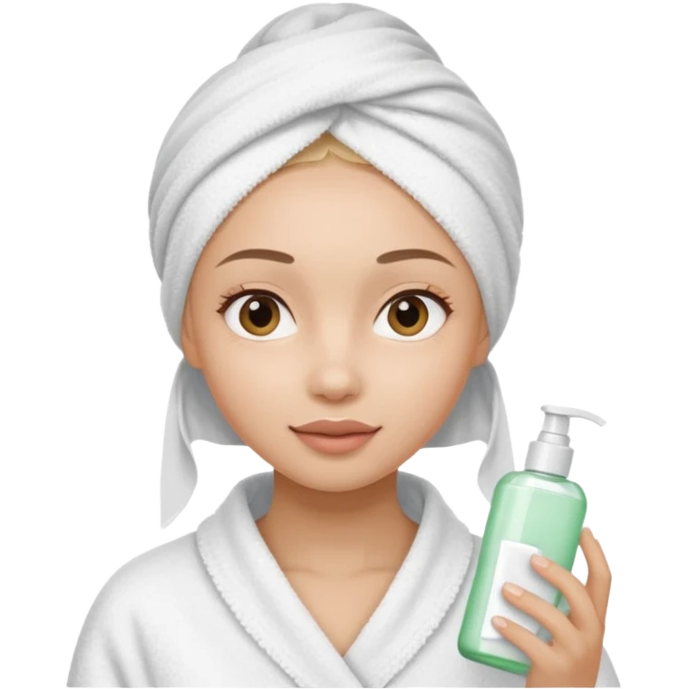 A gril that her head covered with towel and skincare plis hide the hair and this girl shuold be using a skincare product emoji