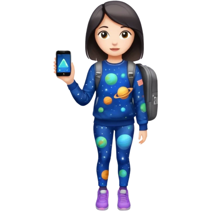 girl wearing space-printed leggings, space-printed sweatshirt, holding a space-printed backpack and a space-printed phone emoji