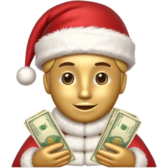 A confident rich emoji face wearing a Santa hat, money stacks, casino vibe, New Year theme, premium 3D emoji style, sharp details, no text, isolated on transparent background emoji