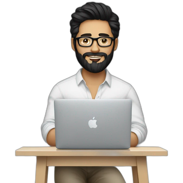 Designer with black hair, beard and glasses working with MacBook and drinking cappuccino  emoji